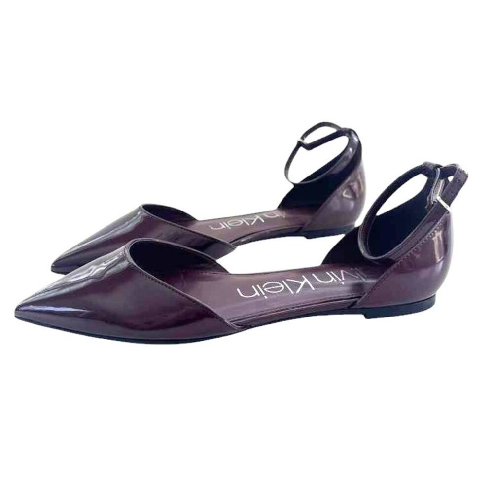 Calvin Klein Flats Size 9 Burgundy Patent Leather Ankle Strap Point Odeli Ballet - Picture 2 of 9